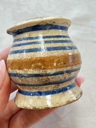 A small polychrome maiolica albarello-type ointment jar, Antwerp or Northern Netherlands, 16th C.