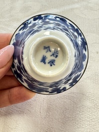 Four Chinese blue and white 'Bleu de Hue' cups and two bowls, various marks, 19th C.