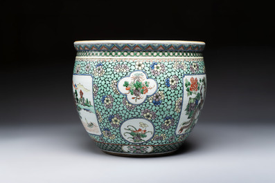 A Chinese famille verte 'Phoenixes and Mountainous Landscape' fish bowl or jardini&egrave;re, 19th C.