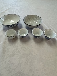 Four Chinese blue and white 'Bleu de Hue' cups and two bowls, various marks, 19th C.