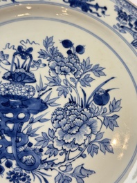 Six Chinese blue and white plates, a dish and a large tile, Yongzheng/Qianlong