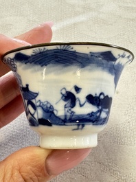 Four Chinese blue and white 'Bleu de Hue' cups and two bowls, various marks, 19th C.