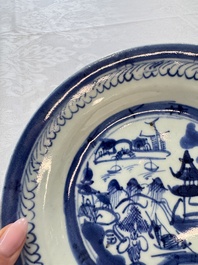 Six Chinese blue and white plates, a dish and a large tile, Yongzheng/Qianlong