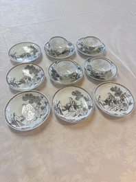 Four Chinese grisaille 'Western subject' cups and nine saucers, Qianlong