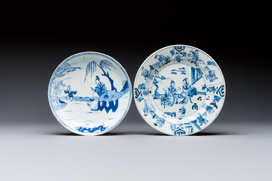 Seven Chinese blue and white plates with figural and floral design, 18/19th C.