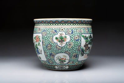 A Chinese famille verte 'Phoenixes and Mountainous Landscape' fish bowl or jardini&egrave;re, 19th C.