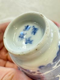 Four Chinese blue and white 'Bleu de Hue' cups and two bowls, various marks, 19th C.