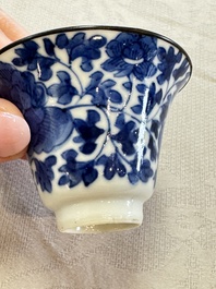Four Chinese blue and white 'Bleu de Hue' cups and two bowls, various marks, 19th C.