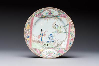Three fine Chinese famille rose 'Xi Xiang Ji' plates, Yongzheng