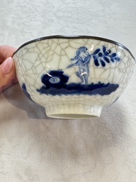 Four Chinese blue and white 'Bleu de Hue' cups and two bowls, various marks, 19th C.