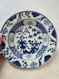 Six Chinese blue and white plates, a dish and a large tile, Yongzheng/Qianlong