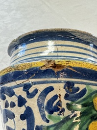 A pair of polychrome Italian maiolica armorial albarelli, Trapani, ca. 1600