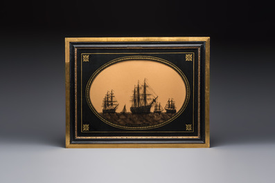 A pair of English reverse-glass silhouette paintings depicting &lsquo;H.M.S. Royal Sovereign&rsquo; and &lsquo;H.M.S. Victory and The Hogue&rsquo;, 19th C.