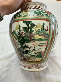 A Chinese wucai 'Landscapes and Flowers' vase, Transitional period