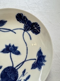 A pair of Chinese blue and white 'Bleu de Hue' plates with lotus design, Phi Khanh An Duong 慶恩堂費 mark, 19th C.