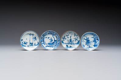 23 Chinese blue and white saucers with figural design, Yongzheng/Kangxi