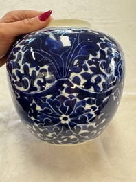 A pair of Chinese blue and white 'Lotus Scroll' jars, 19th C.