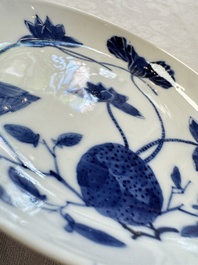 A pair of Chinese blue and white 'Bleu de Hue' plates with lotus design, Phi Khanh An Duong 慶恩堂費 mark, 19th C.