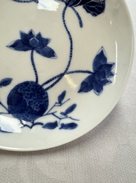A pair of Chinese blue and white 'Bleu de Hue' plates with lotus design, Phi Khanh An Duong 慶恩堂費 mark, 19th C.