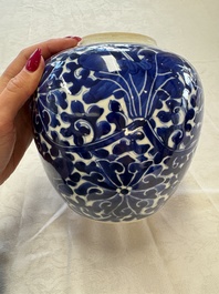 A pair of Chinese blue and white 'Lotus Scroll' jars, 19th C.