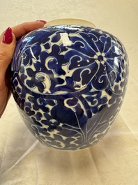A pair of Chinese blue and white 'Lotus Scroll' jars, 19th C.