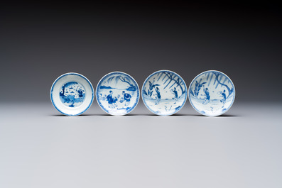23 Chinese blue and white saucers with figural design, Yongzheng/Kangxi