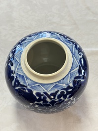 A pair of Chinese blue and white 'Lotus Scroll' jars, 19th C.