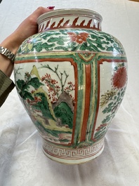 A Chinese wucai 'Landscapes and Flowers' vase, Transitional period