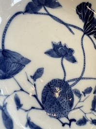 A pair of Chinese blue and white 'Bleu de Hue' plates with lotus design, Phi Khanh An Duong 慶恩堂費 mark, 19th C.