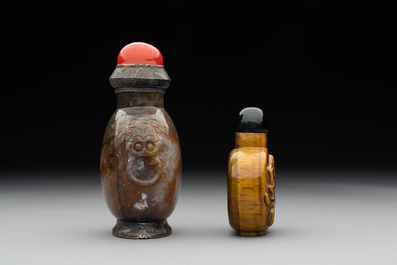 Six various Chinese carved hardstone snuff bottles, 19/20th C.