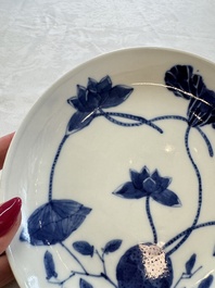 A pair of Chinese blue and white 'Bleu de Hue' plates with lotus design, Phi Khanh An Duong 慶恩堂費 mark, 19th C.
