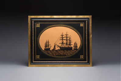 A pair of English reverse-glass silhouette paintings depicting &lsquo;H.M.S. Royal Sovereign&rsquo; and &lsquo;H.M.S. Victory and The Hogue&rsquo;, 19th C.