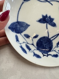 A pair of Chinese blue and white 'Bleu de Hue' plates with lotus design, Phi Khanh An Duong 慶恩堂費 mark, 19th C.