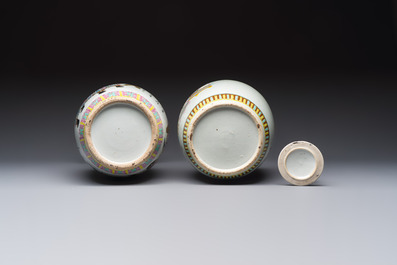 A Chinese famille rose 'Antiquities' vase and a covered jar, 19th C.