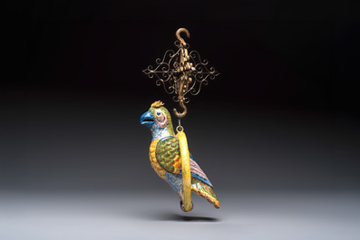 A polychrome Dutch Delft model of a parrot with gilt bronze hanging ornament, 18/19th C.