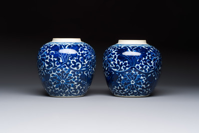 A pair of Chinese blue and white 'Lotus Scroll' jars, 19th C.