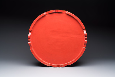 A Chinese enamelled Yixing stoneware nine-piece 'peonies' sweetmeat set on a Southeast Asian lacquer tray, 19th C.