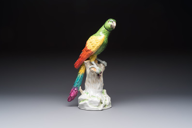 A German polychrome 'Parrot on Tree Stump' sculpture, SP Dresden mark, 20th C.