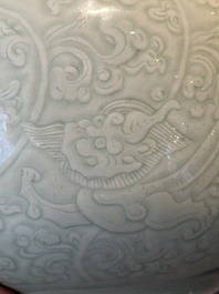 A Chinese celadon-glazed bowl with incised chilong among floral scrolls, Kangxi