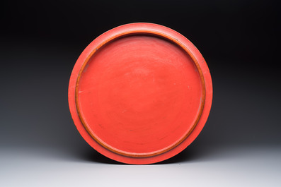 A Chinese enamelled Yixing stoneware nine-piece 'peonies' sweetmeat set on a Southeast Asian lacquer tray, 19th C.
