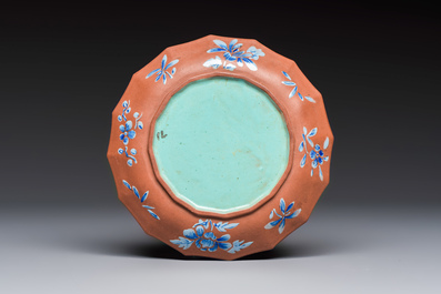 A Chinese enamelled Yixing stoneware nine-piece 'peonies' sweetmeat set on a Southeast Asian lacquer tray, 19th C.