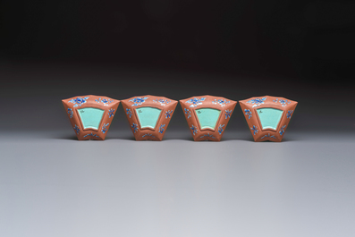 A Chinese enamelled Yixing stoneware nine-piece 'peonies' sweetmeat set on a Southeast Asian lacquer tray, 19th C.