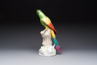 A German polychrome 'Parrot on Tree Stump' sculpture, SP Dresden mark, 20th C.