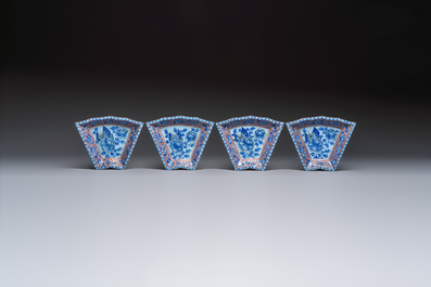 A Chinese enamelled Yixing stoneware nine-piece 'peonies' sweetmeat set on a Southeast Asian lacquer tray, 19th C.