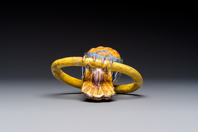 A polychrome Dutch Delft model of a parrot with gilt bronze hanging ornament, 18/19th C.