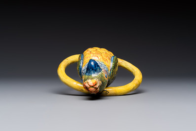 A polychrome Dutch Delft model of a parrot with gilt bronze hanging ornament, 18/19th C.