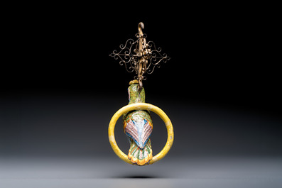 A polychrome Dutch Delft model of a parrot with gilt bronze hanging ornament, 18/19th C.