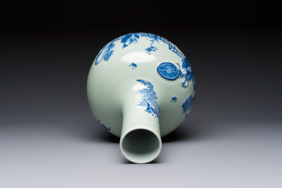 A Chinese blue and white celadon-ground 'Sanxing' bottle vase with relief design, 19th C.