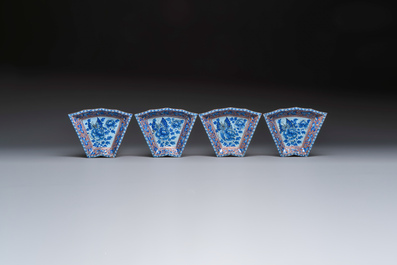A Chinese enamelled Yixing stoneware nine-piece 'peonies' sweetmeat set on a Southeast Asian lacquer tray, 19th C.