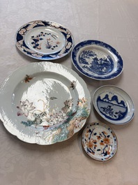 Five Chinese blue and white, Imari-style and famille rose wares, 18th C.